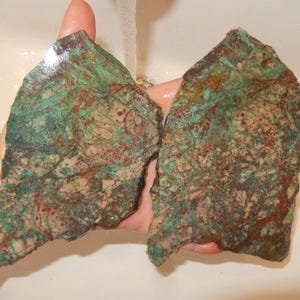 May include: Two irregular, flat pieces of raw stone featuring a complex, marbled pattern of vibrant teal, deep copper-red, and earthy beige tones. The surfaces appear wet and glossy, highlighting the intricate, vein-like mineral textures.