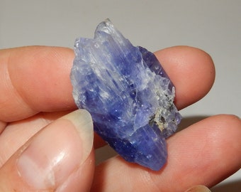 May include: A blue and clear crystal with a striated texture. The crystal is about 2 inches long and is held in a hand.