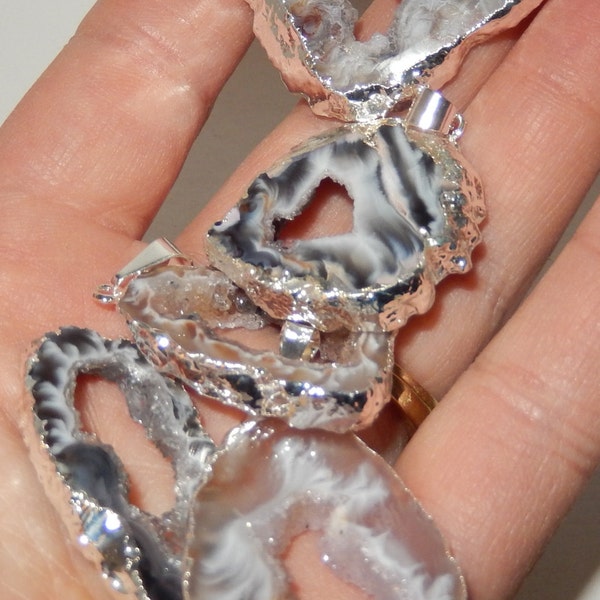 Agate Geode with Quartz crystal pendants