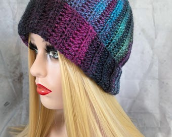 Gorgeous Multi Coloured Crochet Ribbed Winter Beanie