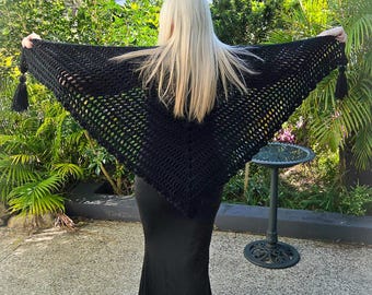 Gothic Black Crochet Gypsy Triangle Shawl with Tassels
