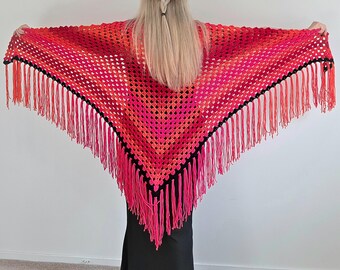 Stunning Hand Crochet CRIMSON SUNSET Triangle Gypsy Shawl Wrap with Fringe