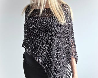 Dark Charcoal Grey Crochet Sequin Rectangle Shu-Shi Poncho Cover Top
