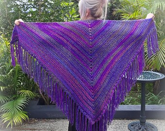 Majestic Cosy PURPLE ADDICTION Crochet Gypsy Boho Triangle Shawl with Fringe
