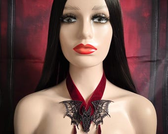 Gothic Vampire Lace Bat Deep Blood Red Velvet ANNICETA Necklace Neck Piece