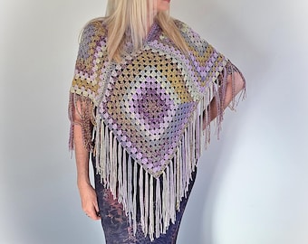 Gorgeous CHANGING SEASONS Crochet Granny Square Poncho with Fringe