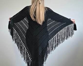 Beautiful Black Gothic NIGHT QUEEN Crochet Triangle Shawl with Fringe and Tassels