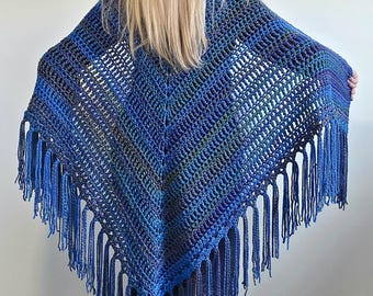 Gorgeous Large BLUE LAGOON Crochet Triangle Gypsy Boho Shawl with Fringe