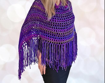 Gorgeous Crochet Purple Pink Blue Tones Boho Shu-Shi Poncho Top with Fringe