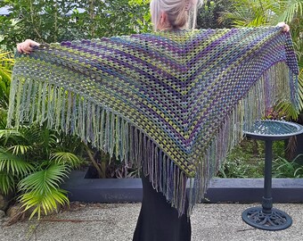 Beautiful LAVENDER GARDEN Purple and Green Crochet Triangle Gypsy Boho Shawl with Fringe