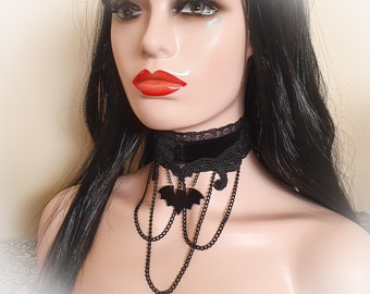 Gothic Black Velvet & Lace Vampire Bat SHADOWS Choker