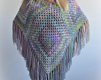 Colourful BONNIE Crochet Boho Poncho with Fringe