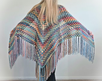 Hand Crochet Colourful KALEIDOSCOPE Triangle Boho Gypsy Shawl with Fringe