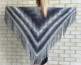 Large Crochet Cotton Blend Gypsy Bohemian Triangle Shawl Wrap with Fringe