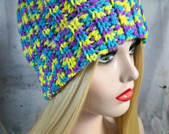 Bright & Cheerful Fun Multi Coloured Crochet Ribbed Beanie
