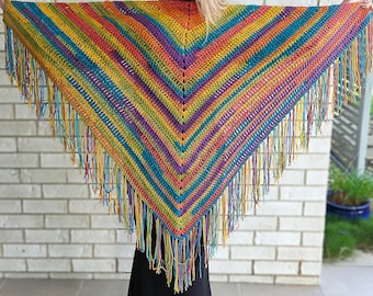 Beautiful Technicolour ROSELLA Crochet Gypsy Triangle Shawl Wrap with Fringe