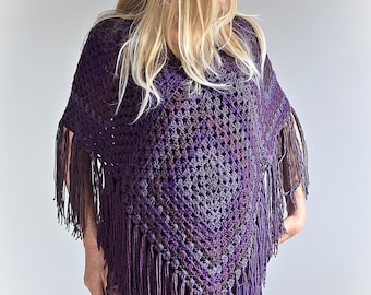 Beautiful FIELDS OF HEATHER Purple Crochet Granny Square Poncho with Fringe