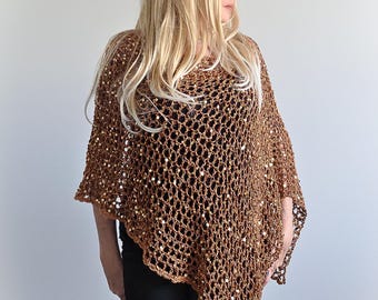 GOLDEN GLITZ Crochet Sequin Open Weave Glamour Shu-Shi Poncho Top