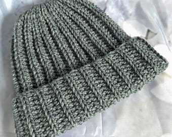 Stormy Gray Crochet Ribbed Winter Beanie