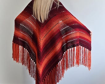 Stunning Large Crochet BONFIRE Ombre Triangle Gypsy Shawl with Fringe