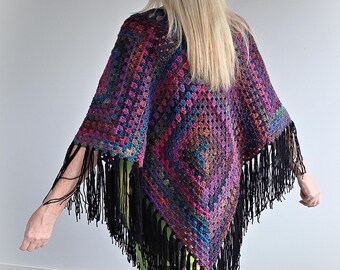 Large Crochet NORTHERN LIGHTS Granny Square Gypsy Poncho with Fringe