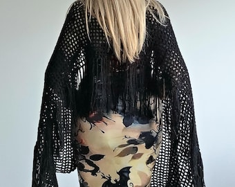 Long Gothic Black Open Crochet Wrap with Fringe