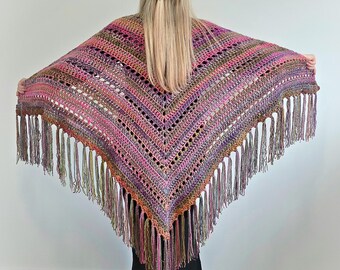 Colourful Cosy Hand Crochet POT POURRI Triangle Boho Gypsy Shawl with Fringe