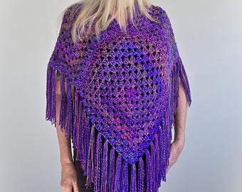 PURPLE PASSION Crochet Boho Poncho Top with Fringe