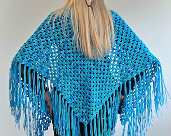 Gorgeous Hand Crochet DELTA Blue Green Triangle Gypsy Shawl Wrap with Fringe