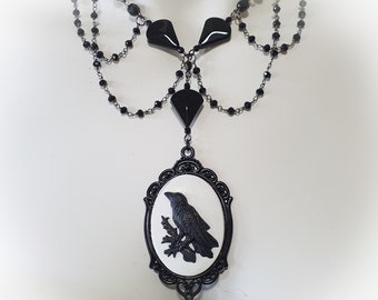 Gothic Black Raven Cameo CORVINA Necklace Halloween