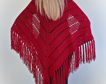 Gorgeous Gothic Blood Red CARDINAL Hand Crochet Triangle Shawl with Fringe