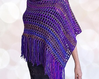 Gorgeous Crochet Purple Pink Blue Tones Boho Poncho Top with Fringe
