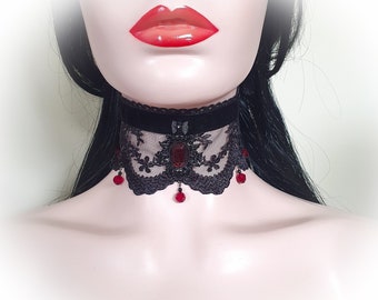 Victorian Gothic Black Velvet and Lace Blood Red Cabochon MAGDALENA Choker