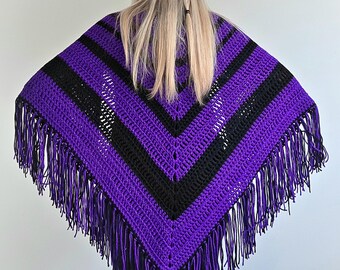 Beautiful Large Crochet Purple and Black Gypsy Triangle Shawl Wrap with Fringe