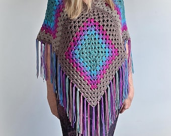 BRIGHTEN MY DAY Colourful Crochet Granny Square Bohemian Poncho with Fringe
