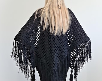 Gothic Black Hand Crochet MADELEINE Triangle Shawl with Fringe and Tassels