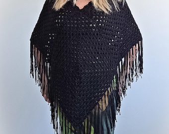 Gothic Black IN THE SHADOWS Crochet Poncho with Fringe