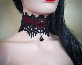 Gothic Blood Red Velvet & Black Venise Lace KASHLA Cabochon Choker