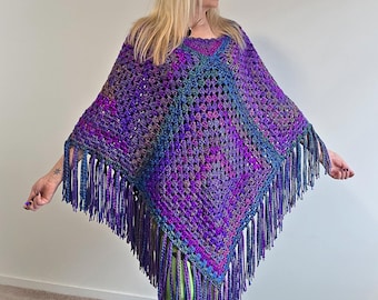Stunning Hand Crochet Large / XL AMITOLA Purple Pink Blue Tones Poncho with Fringe