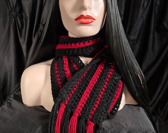 Crochet Gothic Black & Dark Red SAMIRA Fringed Winter Scarf