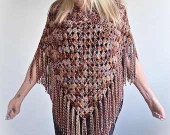 Cosy SIENNA Chunky Crochet Boho Poncho with Fringe