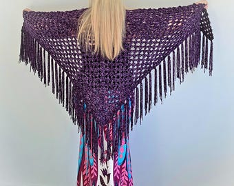 Super Soft & Cosy Purple Velvet Crochet Triangle Boho Shawl with Fringe