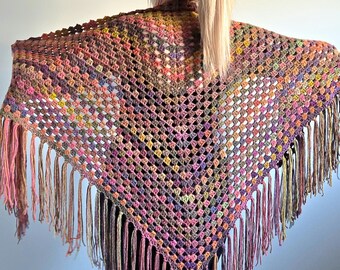 Stunning Crochet SETTING SUN Triangle Boho Gypsy Shawl Wrap with Fringe