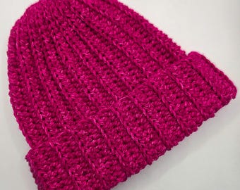 Soft and Cosy Fuchsia Acrylic Crochet Ribbed Winter Beanie