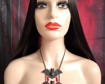 Gothic Vampire Bat DEIDAMIA Blood Red Glass Drops Necklace Halloween