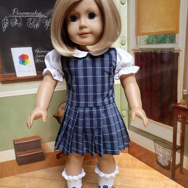 School Uniform, Navy Plaid Jumper fits 18 inch doll