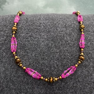 Short Handmade Bright Pink and Gold Beaded Necklace for Women and Girls