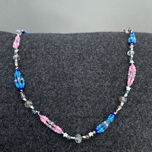 Handmade Simple Pink and Blue Beaded Necklace with Star Beads for Women and Girls