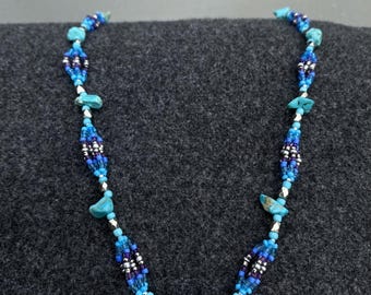 Handmade Beaded Necklace: Blue, Purple, Glass Flower, Turquoise