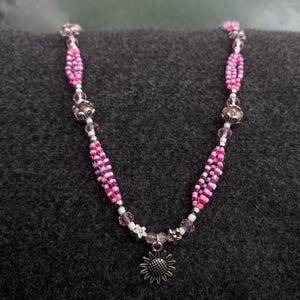 Handmade Light Pink Striped Beaded Necklace with Sunflower Charm for Women and Girls